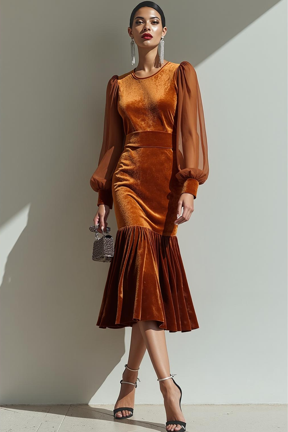 Brown Velvet Mermaid Lantern Sleeves Formal Dress