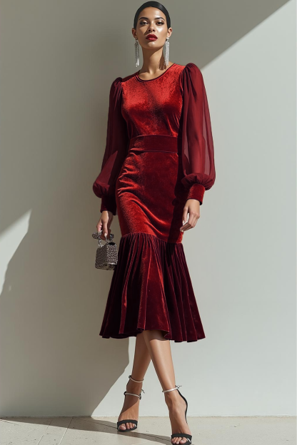 Brown Velvet Mermaid Lantern Sleeves Formal Dress