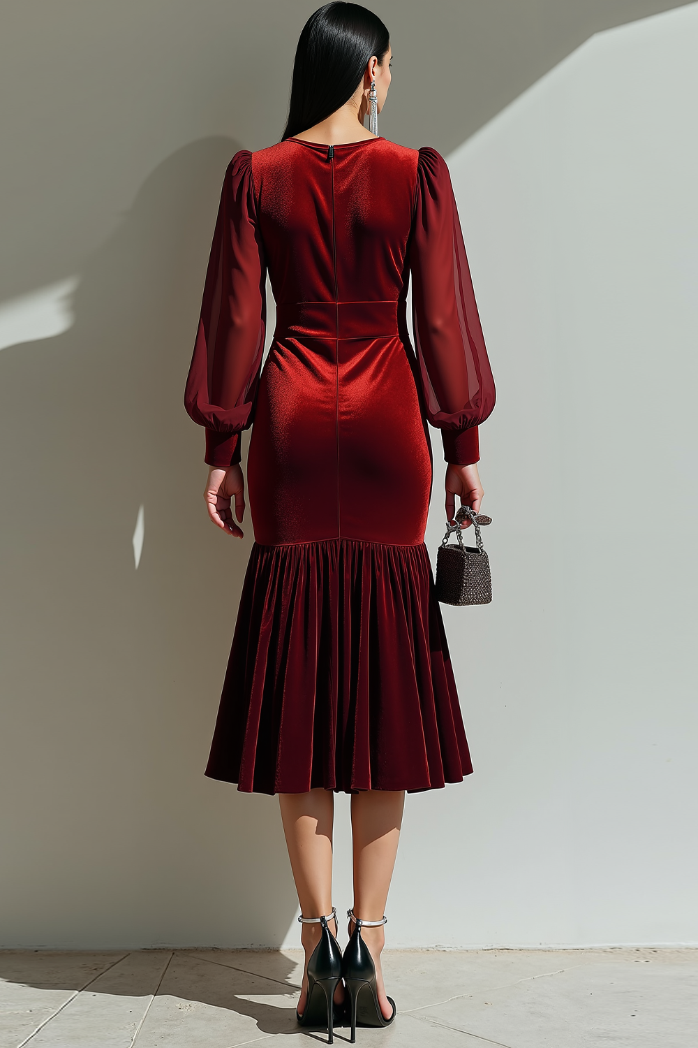 Brown Velvet Mermaid Lantern Sleeves Formal Dress