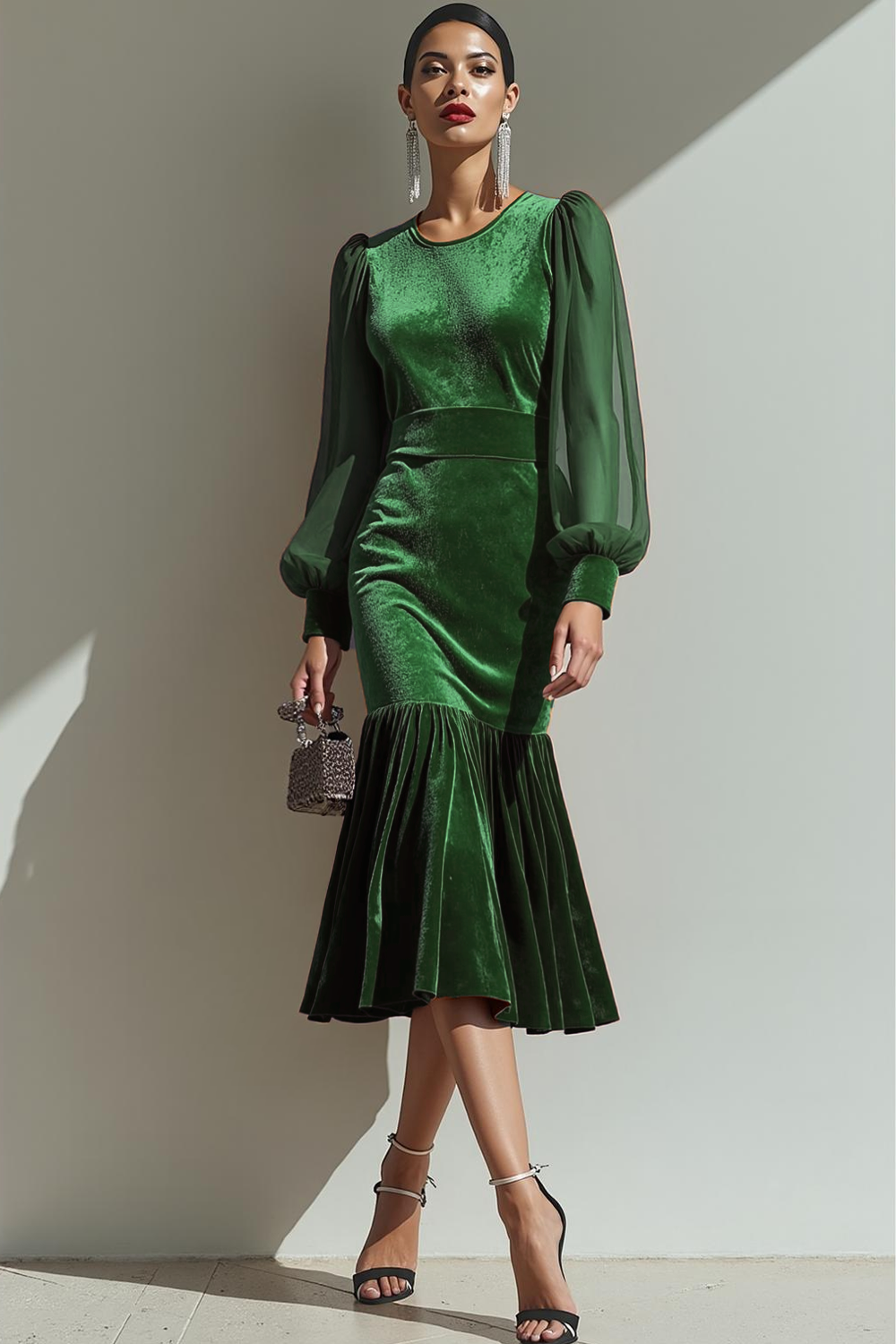 Leely Women Brown Velvet Maxi Formal Dress Mermaid Lantern Sleeves Round Neck Holiday Party Dress with Buttons