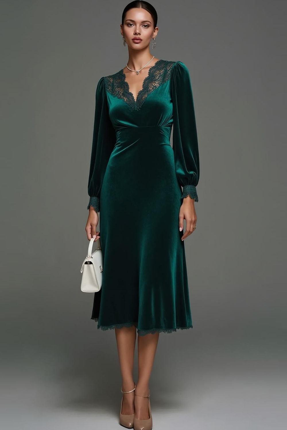 Leely Women Dark Green Velvet Midi Holiday Party Dress with Lace V Neck Long Sleeves A Line Cocktail Dress
