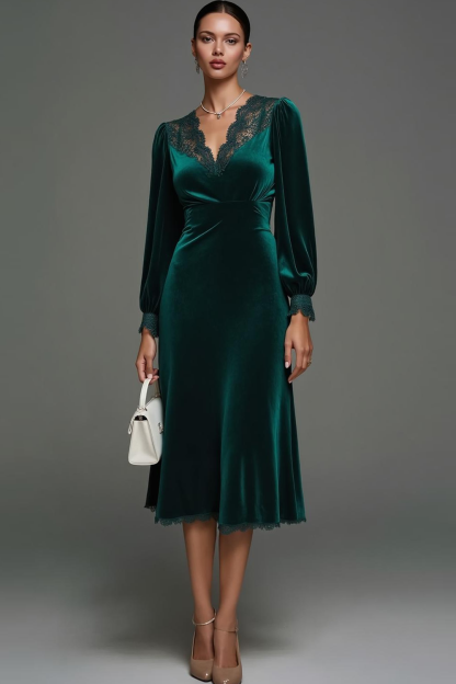 Leely Women Dark Green Velvet Midi Holiday Party Dress with Lace V Neck Long Sleeves A Line Cocktail Dress