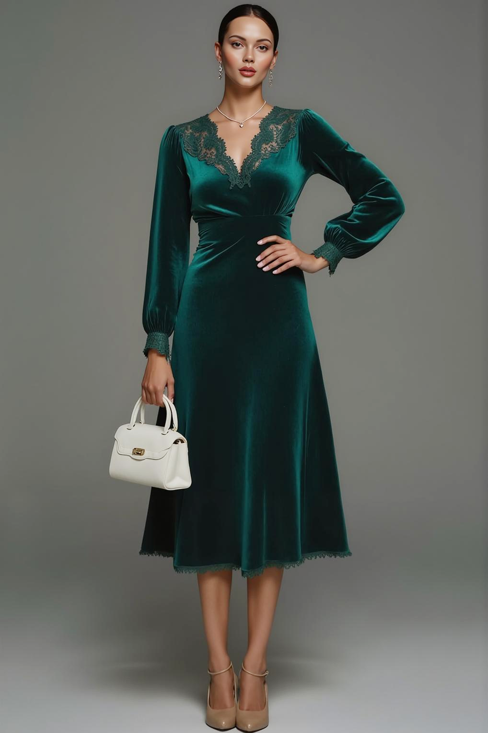 Dark Green Velvet A Line Midi Holiday Party Dress with Lace