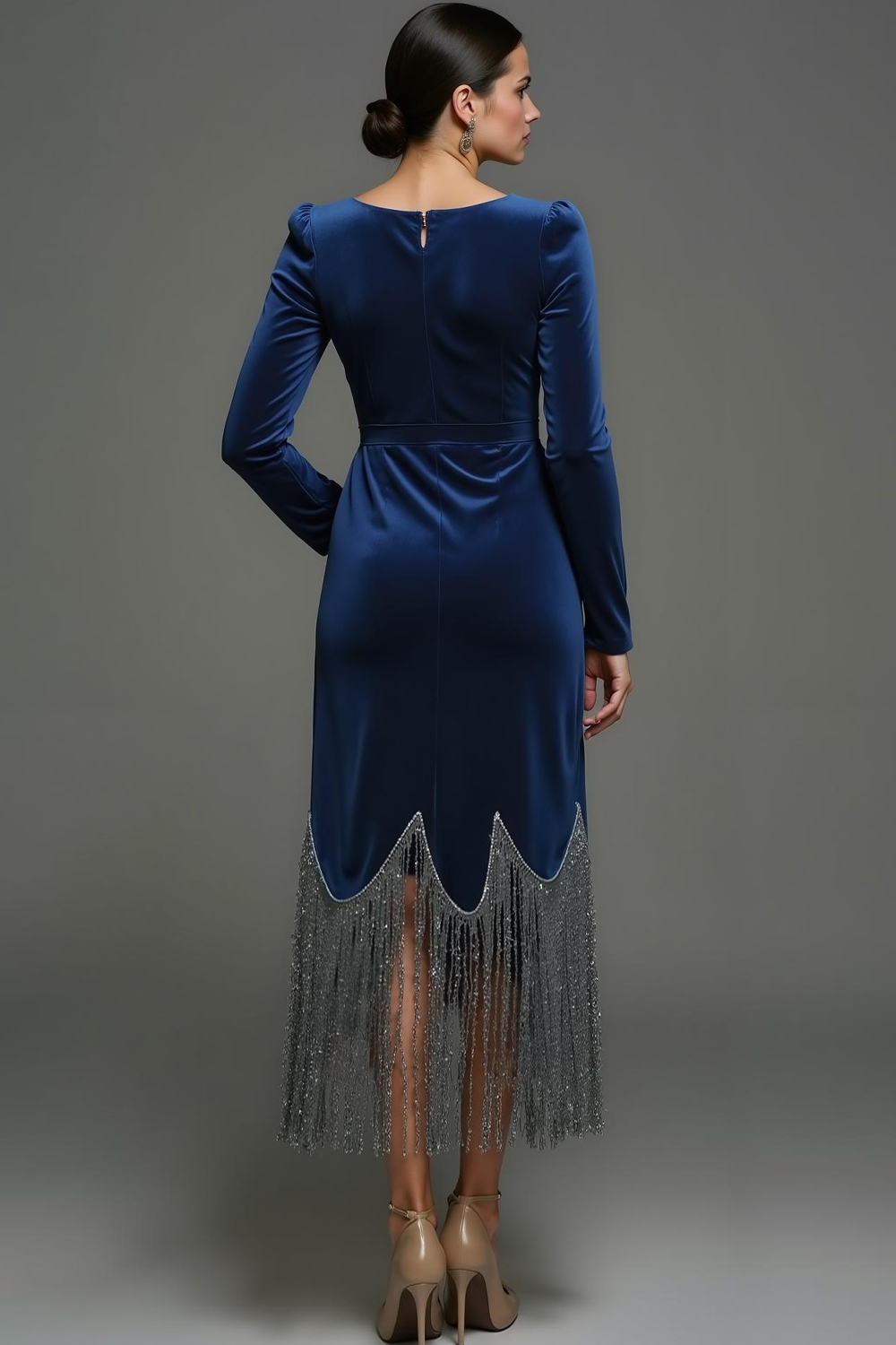 Dark Blue Velvet Maxi Sheath Holiday Party Dress with Tassel