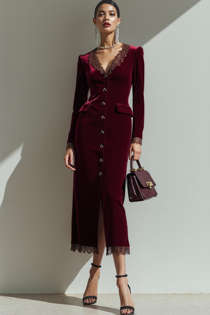 Leely Women Cabernet Velvet Maxi Holiday Party Dress with Buttons V Neck Long Sleeves Sheath Evening Dress with Lace