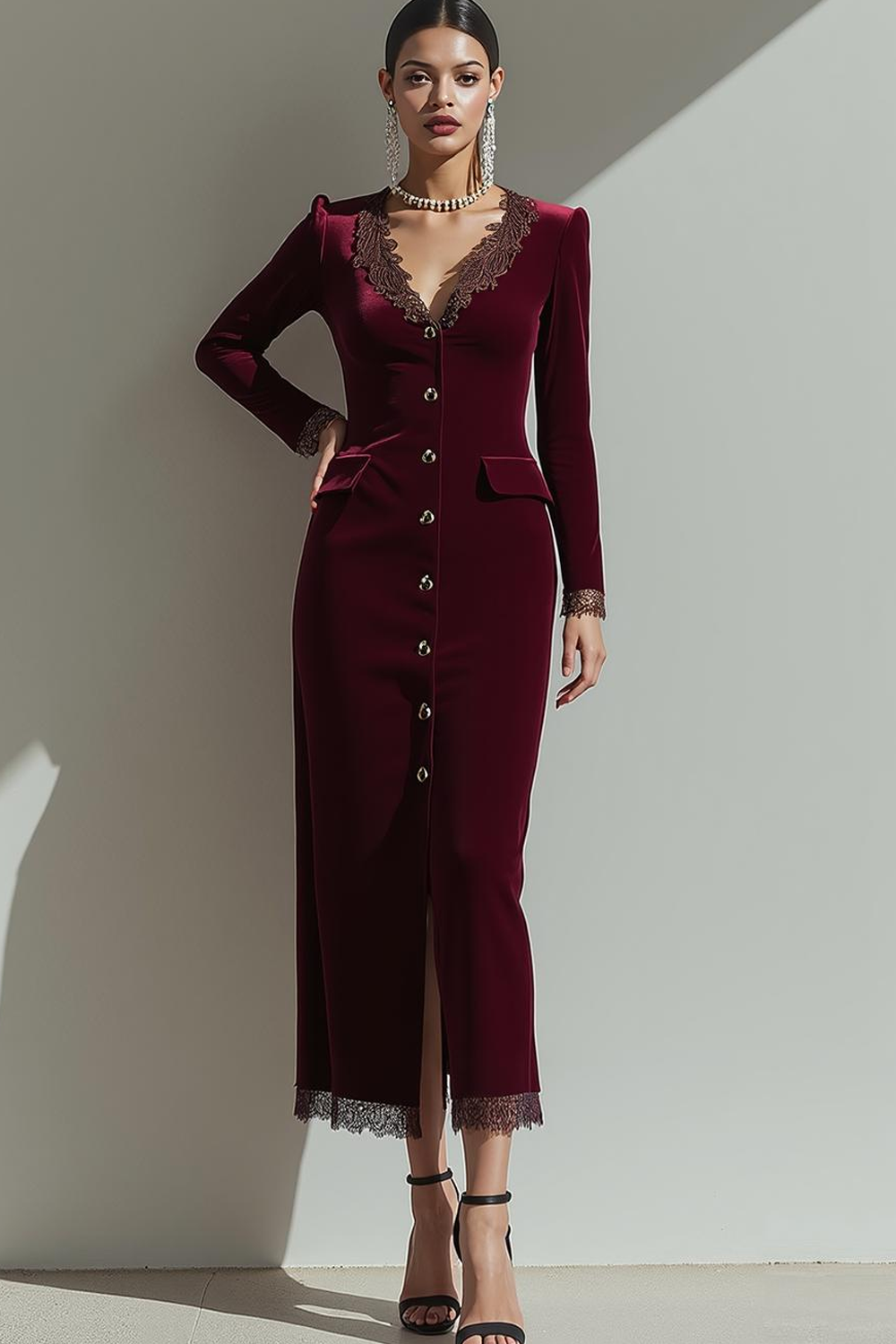 Maxi Cabernet Velvet V Neck Sheath Holiday Party Dress with Buttons