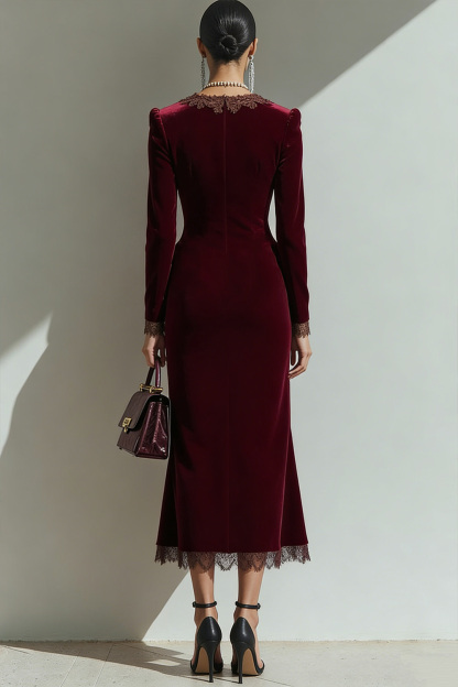 Maxi Cabernet Velvet V Neck Sheath Holiday Party Dress with Buttons