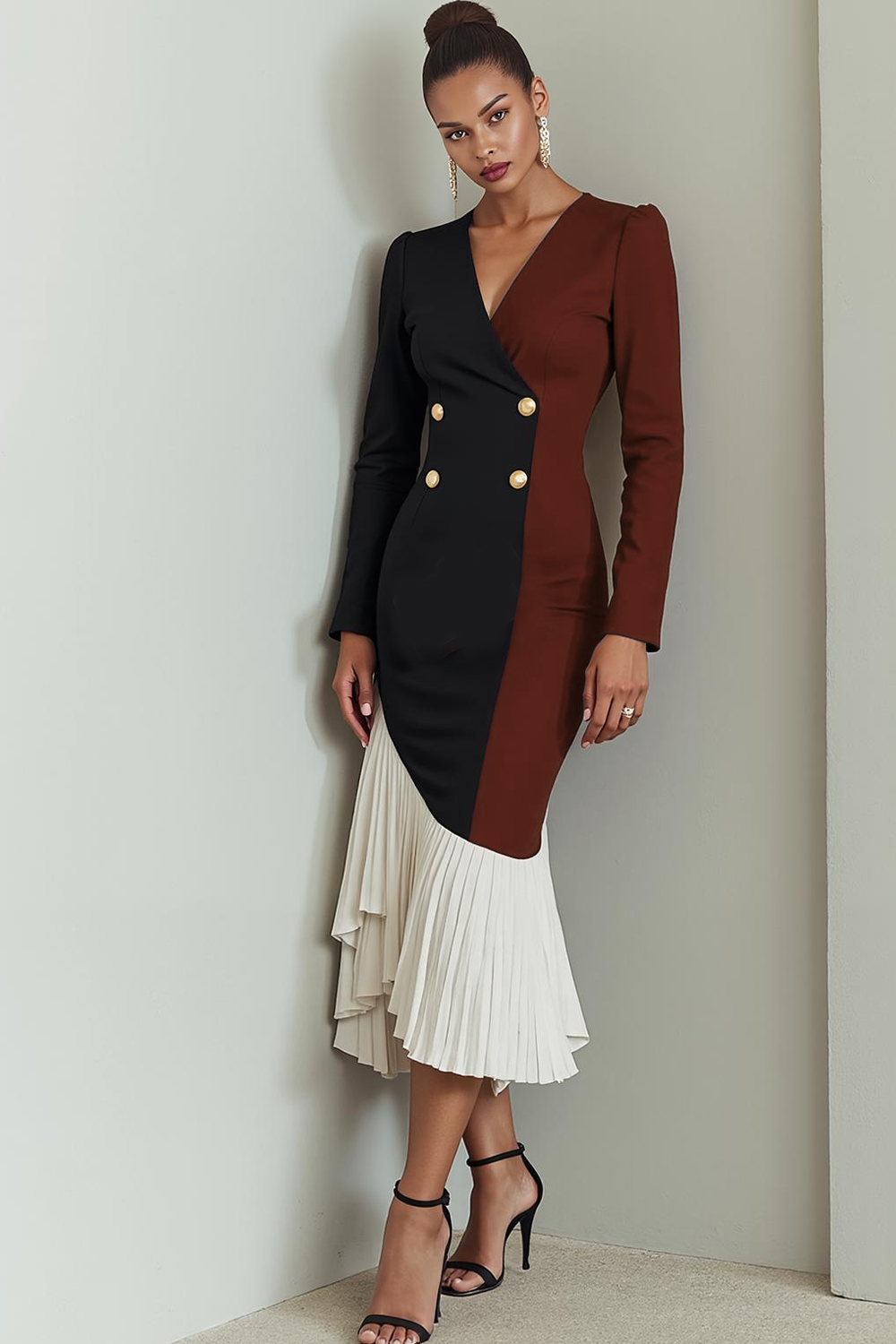 Red and Black Mermaid Pleated Maxi Evening Dress with Sleeves