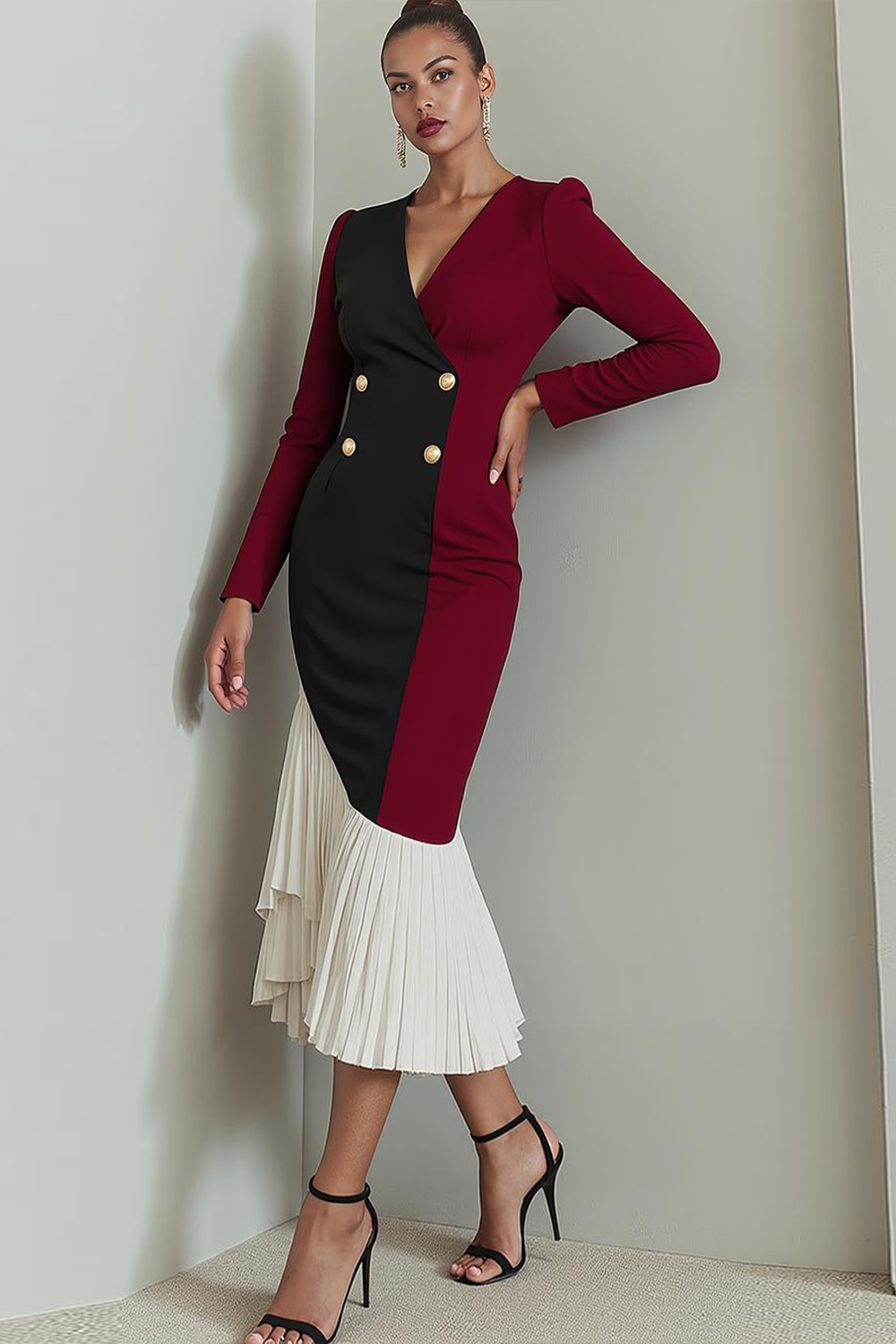 Leely Women Red and Black Patchwork Maxi Evening Dress with Sleeves Mermaid V-Neck Pleated Dress with Buttons