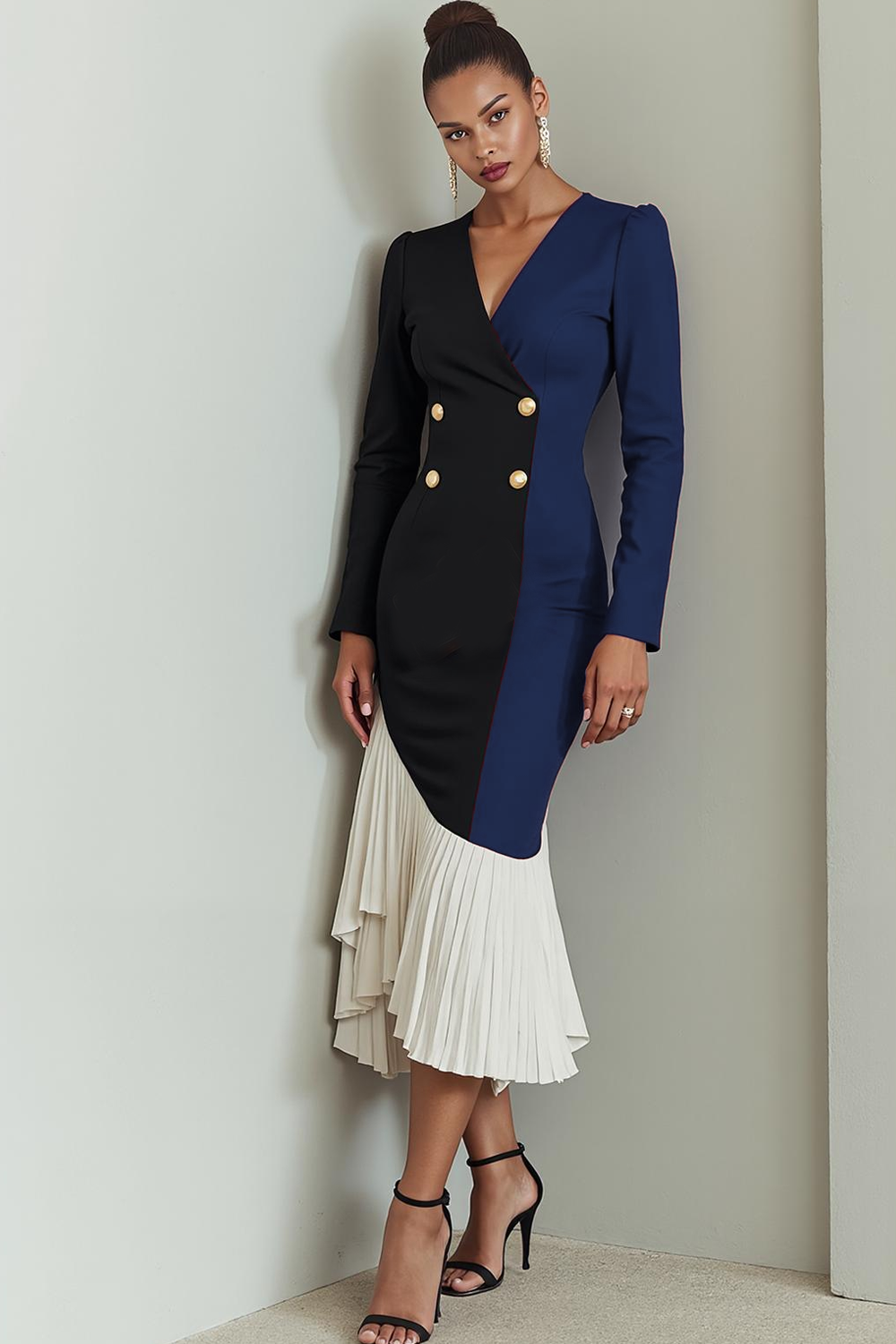 Red and Black Mermaid Pleated Maxi Evening Dress with Sleeves