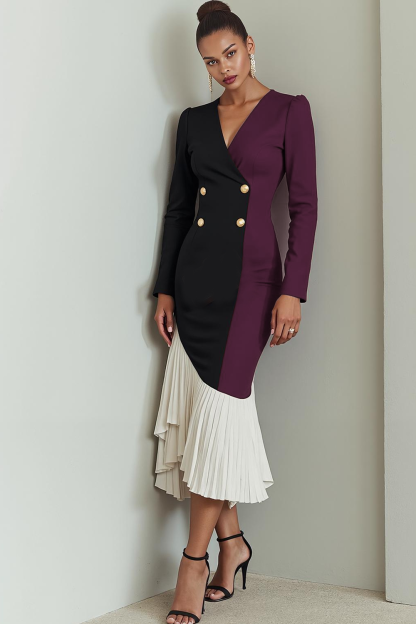 Red and Black Mermaid Pleated Maxi Evening Dress with Sleeves