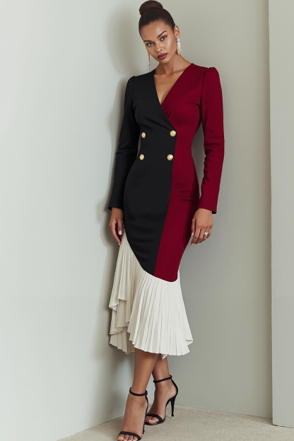 Red and Black Mermaid Pleated Maxi Evening Dress with Sleeves