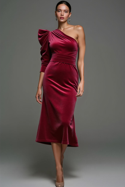 Leely Women Cabernet Velvet Midi Holiday Party Dress Mermaid One Shoulder Evening Dress