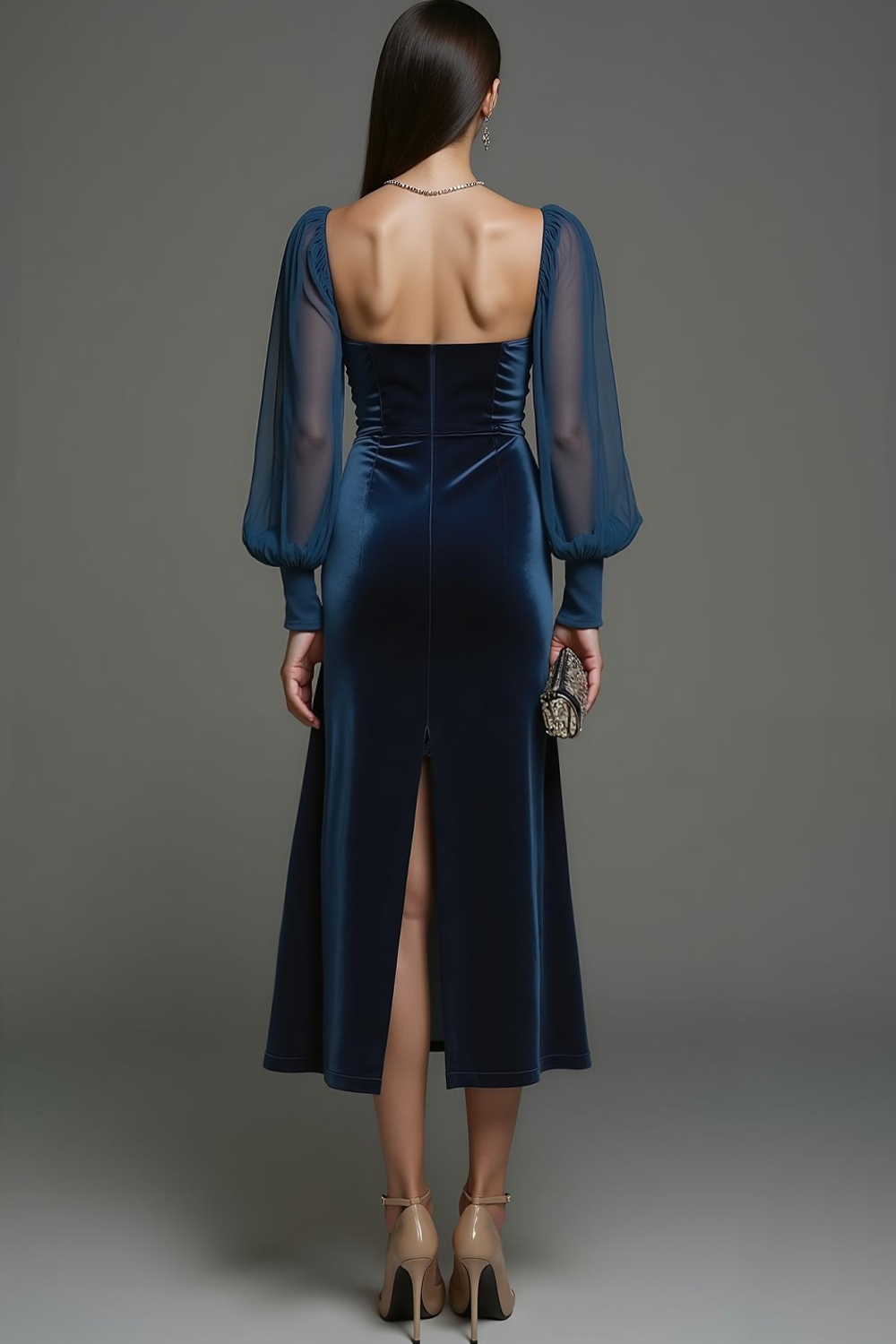 Navy Sheath Velvet Midi Formal Dress with Slit
