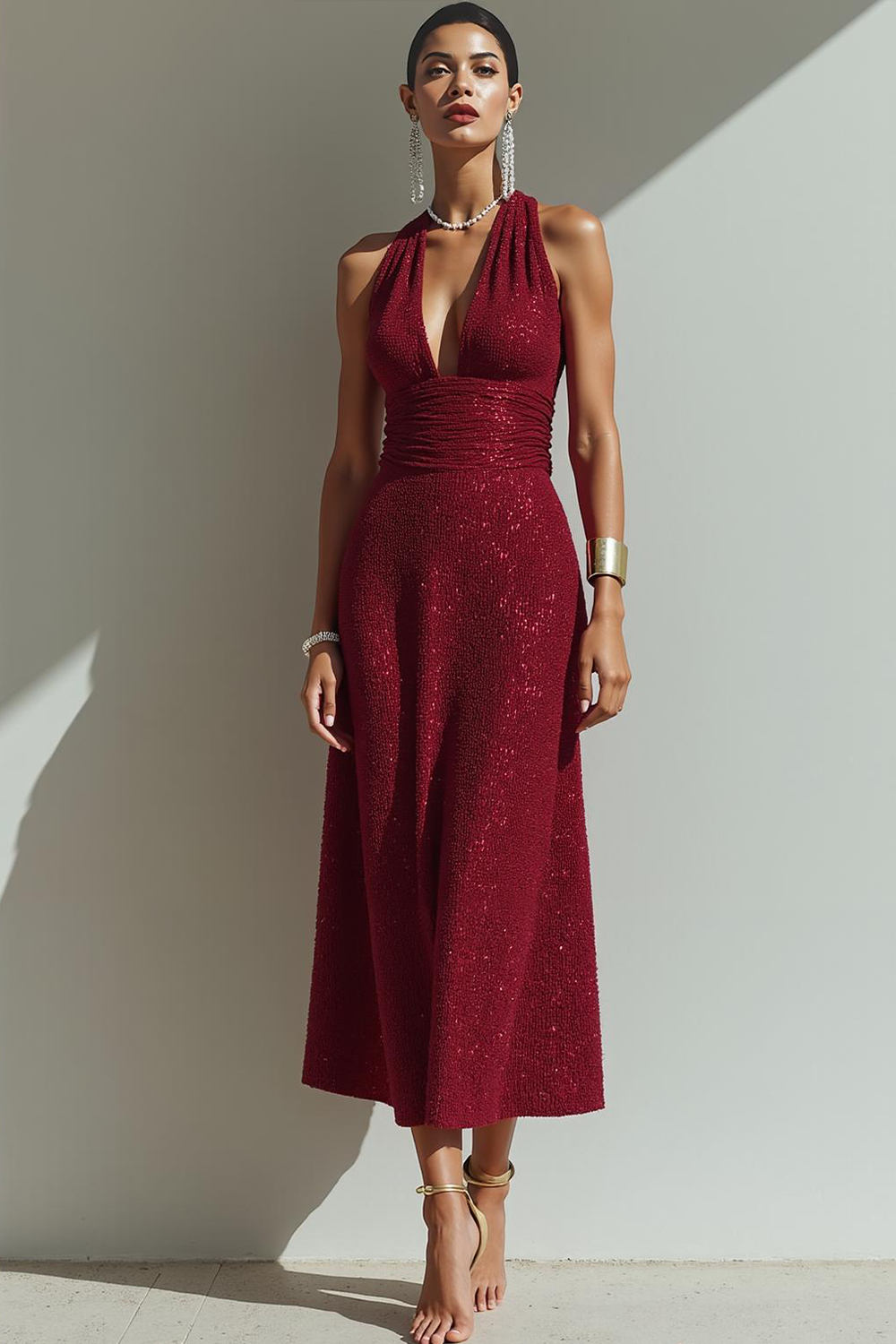 Leely Women Sparkly Cabernet Sequin Evening Dress Halter A Line Maxi Holiday Party Dress