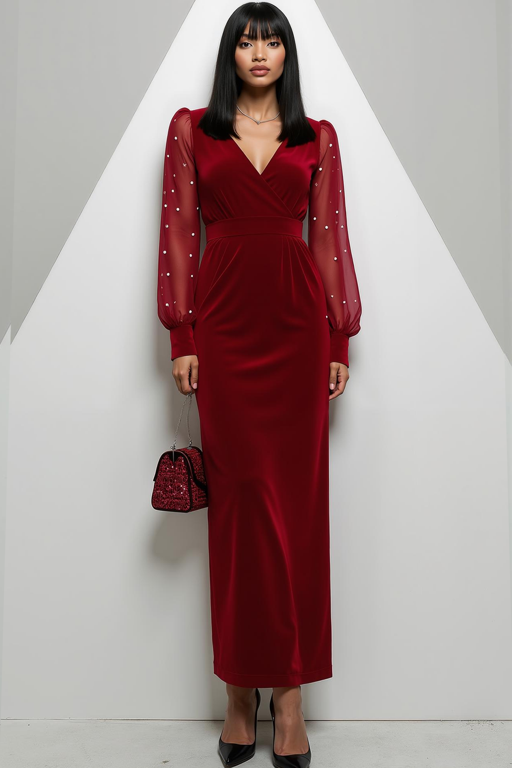 Leely Women Navy Velvet Long Formal Dress Sheath V-Neck Dotted Holiday Party Dress with Sleeves