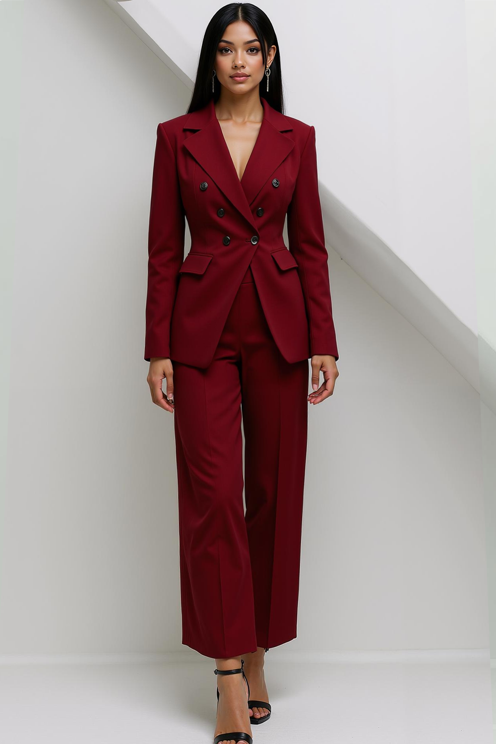 Leely Women Dark Purple 2 Piece Business Suit with Pockets Notched Lapel Fitted Trouser Suit with Buttons