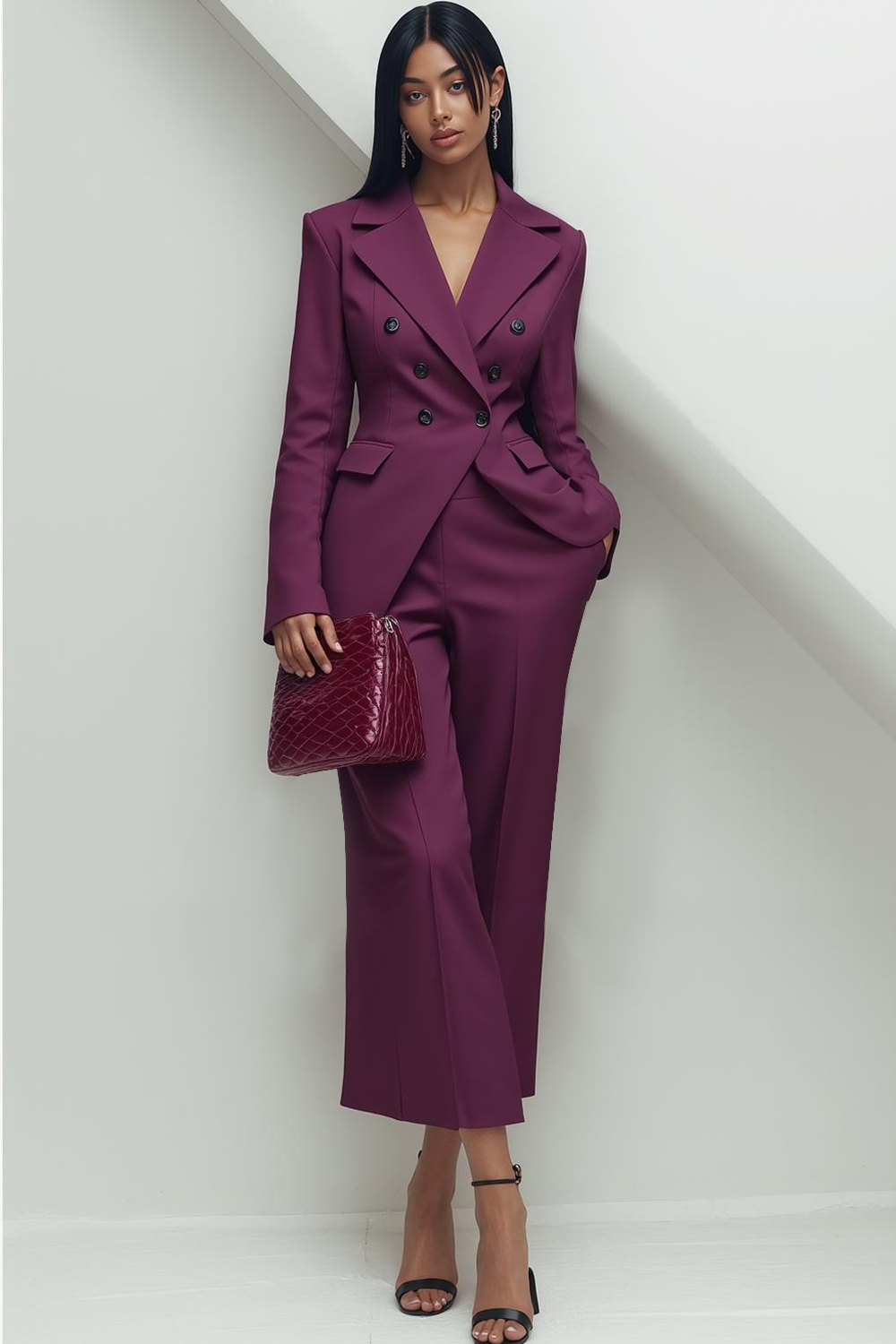 Dark Purple 2 Piece Notched Lapel Fitted Business Suit with Pockets