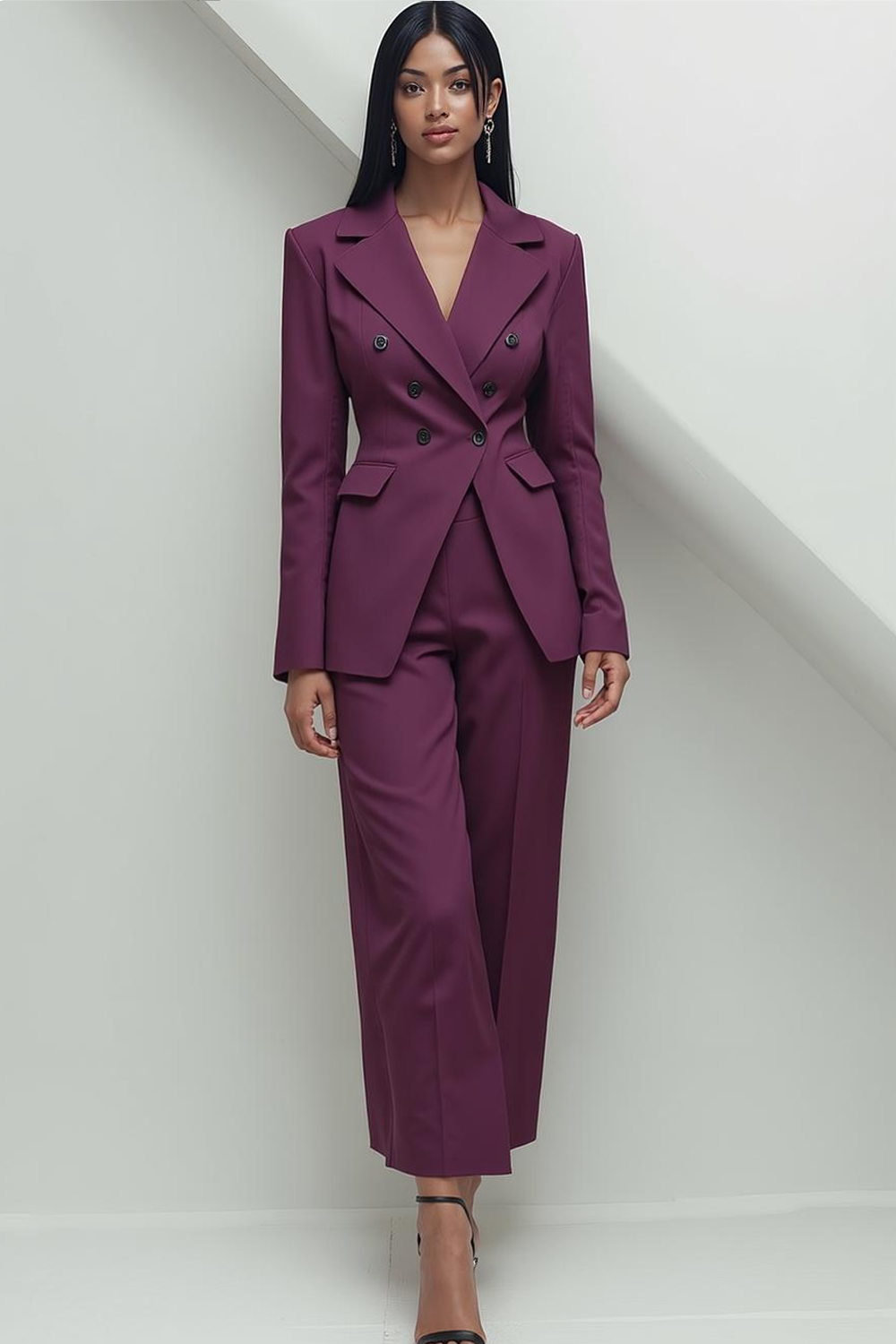 Dark Purple 2 Piece Notched Lapel Fitted Business Suit with Pockets