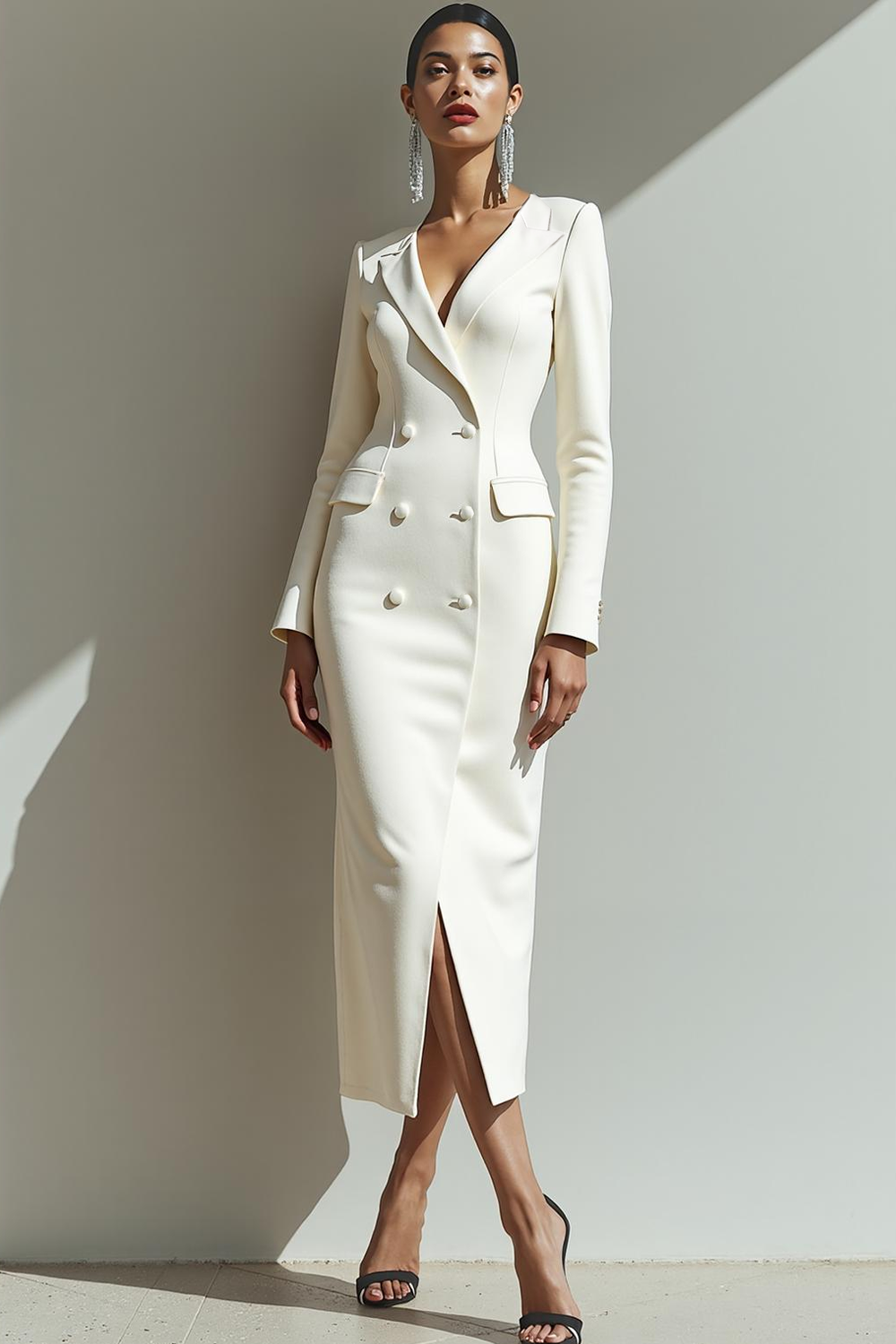 White Peak Lapel Pencil Maxi Work Dress with Buttons