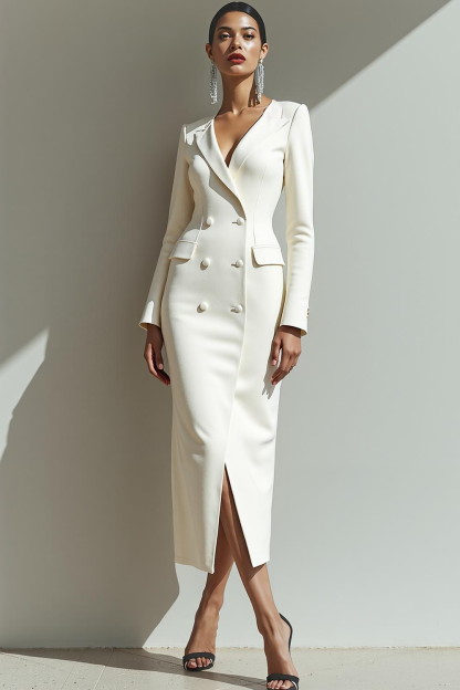 Leely Women White Peak Lapel Maxi Work Dress Pencil Double Breasted Fitted Blazer Dress
