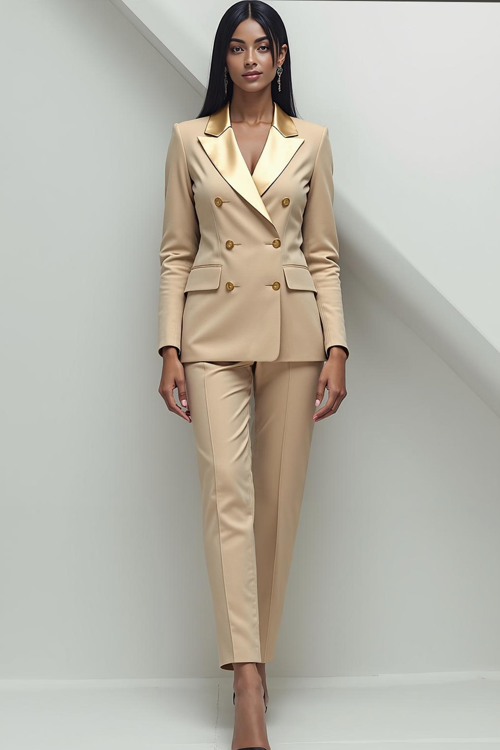 Leely Champagne 2 Piece Fitted Business Suit Peak Lapel Double Breasted Trouser Suit