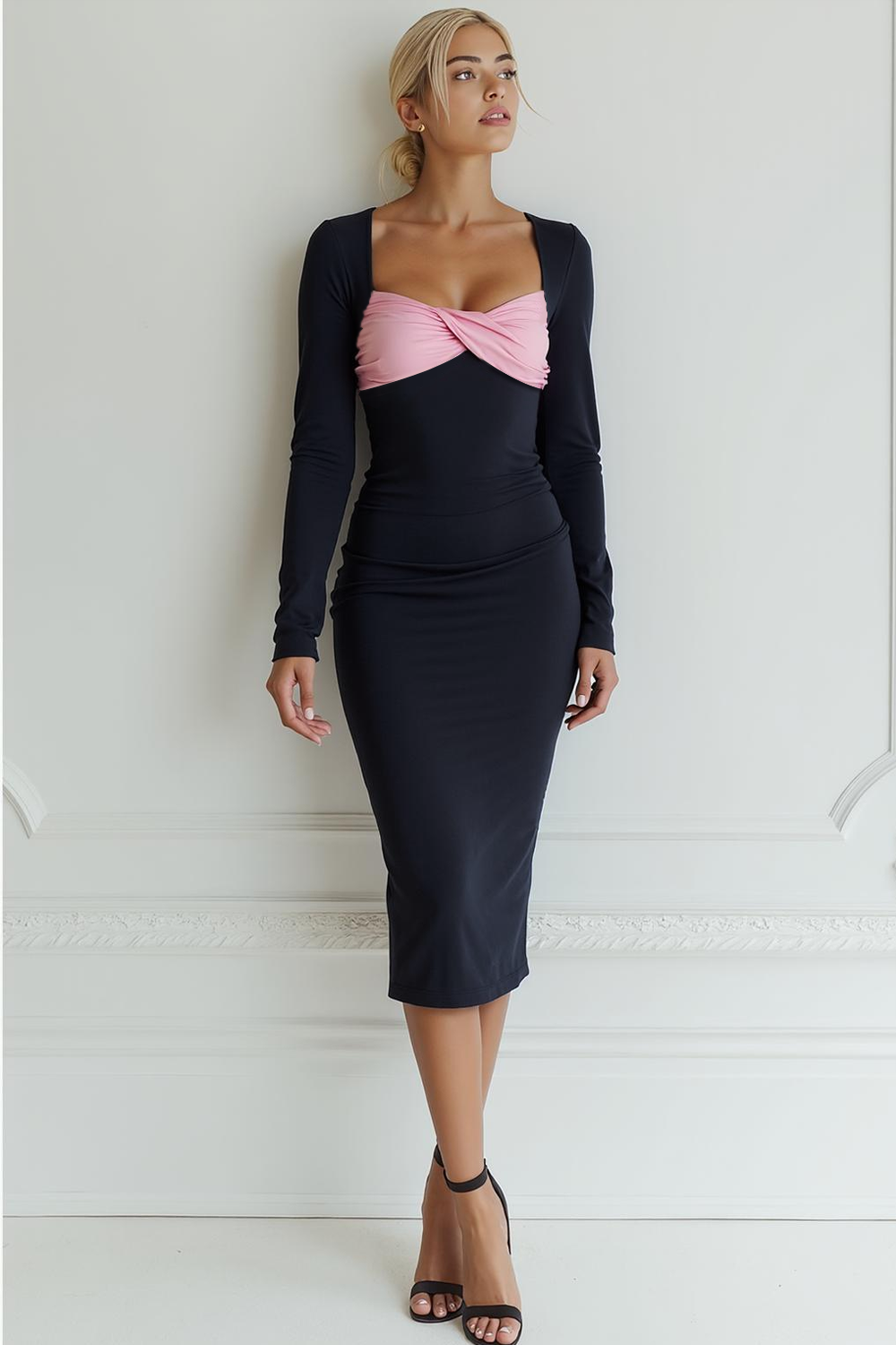 Black Pink Sheath Midi Evening Dress with Sleeves