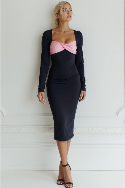 Leely Women Midi Black Pink Evening Dress Long Sleeves Cut Out Formal Dress with Bow