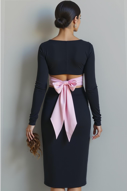 Black Pink Sheath Midi Evening Dress with Sleeves