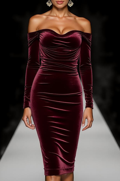 Cabernet Velvet Sheath Midi Gala Dress with Sleeves