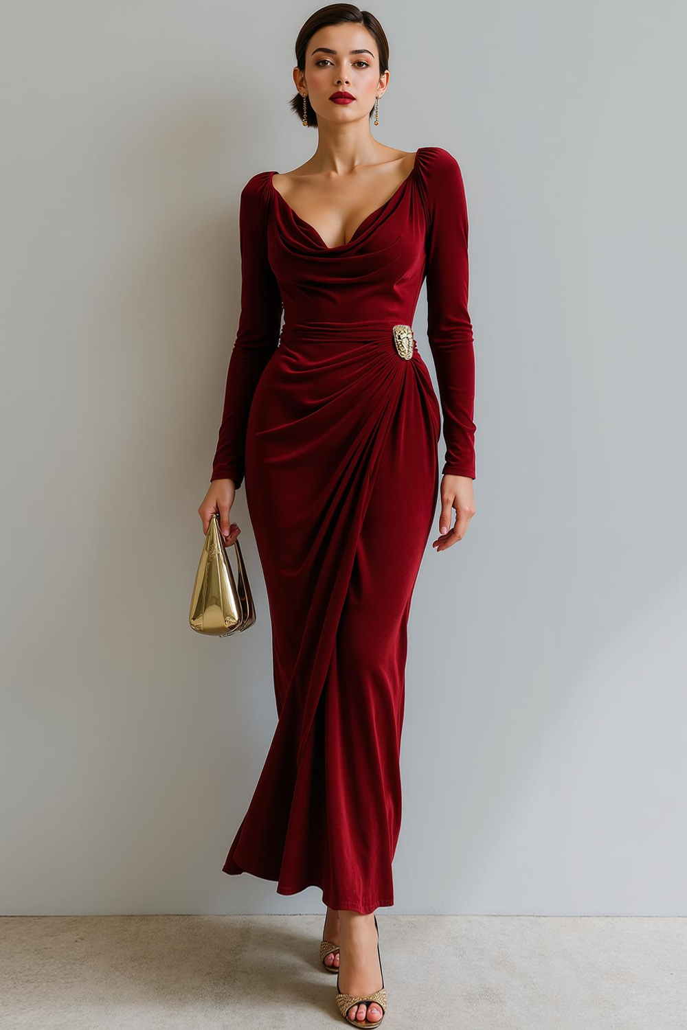 Light Beige Cowl Neck Velvet Sheath Maxi Formal Dress with Sleeves