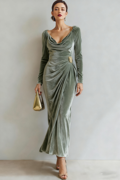 Light Beige Cowl Neck Velvet Sheath Maxi Formal Dress with Sleeves