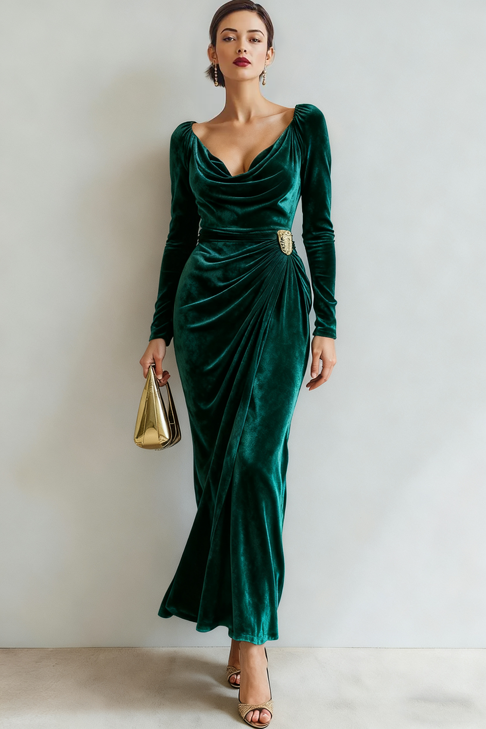 Light Beige Cowl Neck Velvet Sheath Maxi Formal Dress with Sleeves