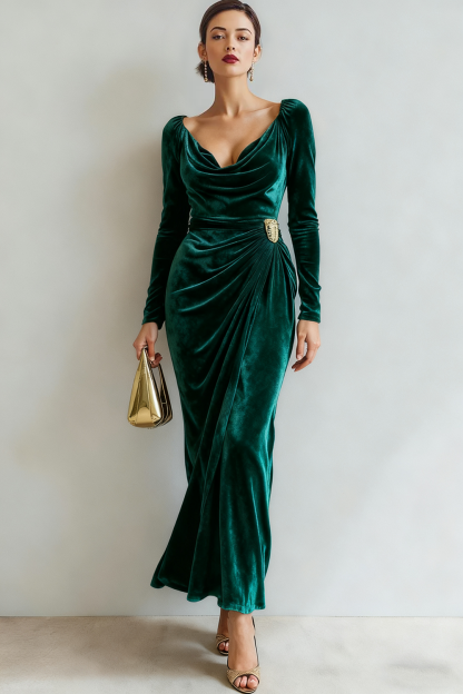 Light Beige Cowl Neck Velvet Sheath Maxi Formal Dress with Sleeves