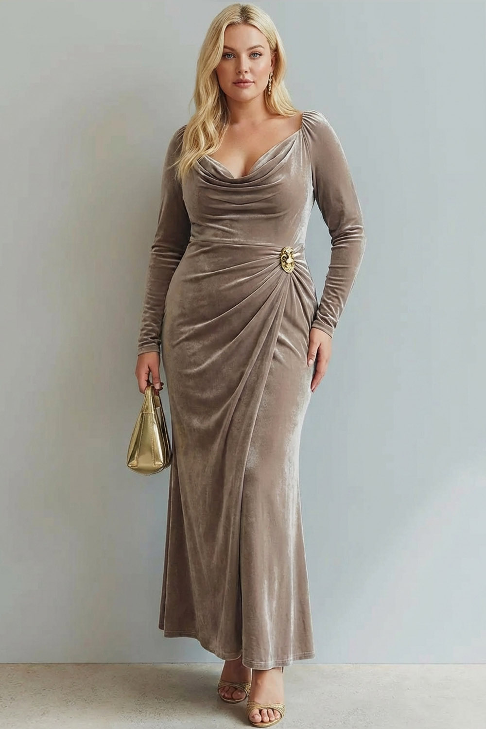 Light Beige Cowl Neck Velvet Sheath Maxi Formal Dress with Sleeves