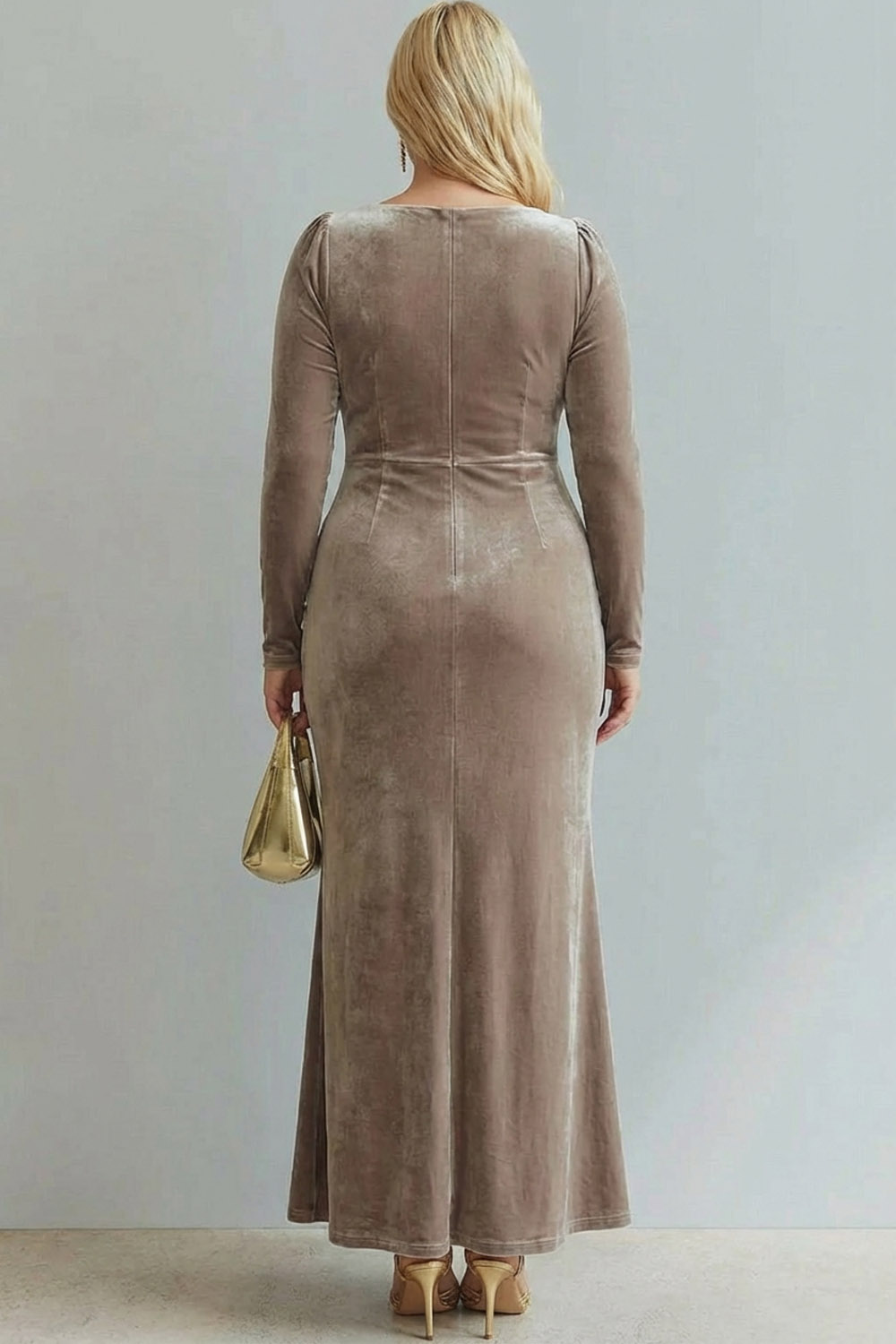 Light Beige Cowl Neck Velvet Sheath Maxi Formal Dress with Sleeves