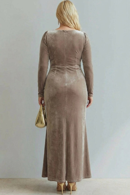 Light Beige Cowl Neck Velvet Sheath Maxi Formal Dress with Sleeves