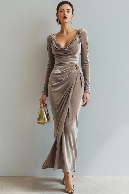 Leely Women Light Beige Sheath Maxi Formal Dress with Sleeves Cowl Neck Velvet Evening Dress