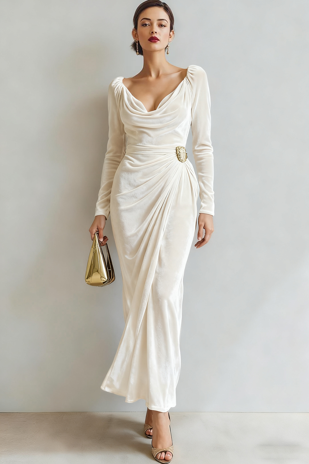 Light Beige Cowl Neck Velvet Sheath Maxi Formal Dress with Sleeves