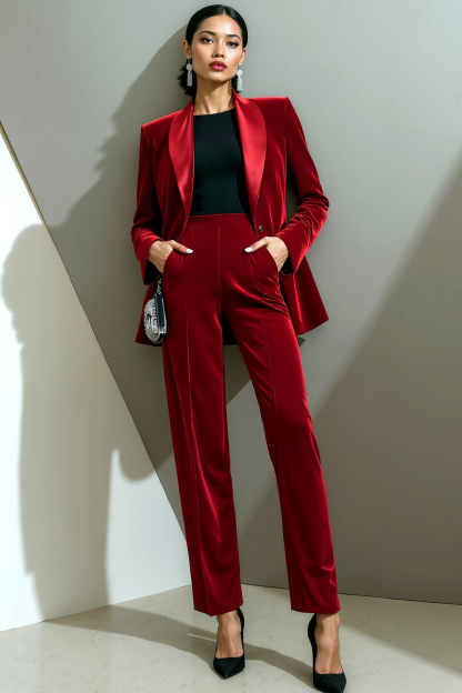 Olive Shawl Lapel Velvet 2 Piece Business Suit