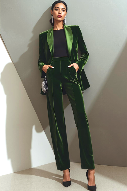 Olive Shawl Lapel Velvet 2 Piece Business Suit