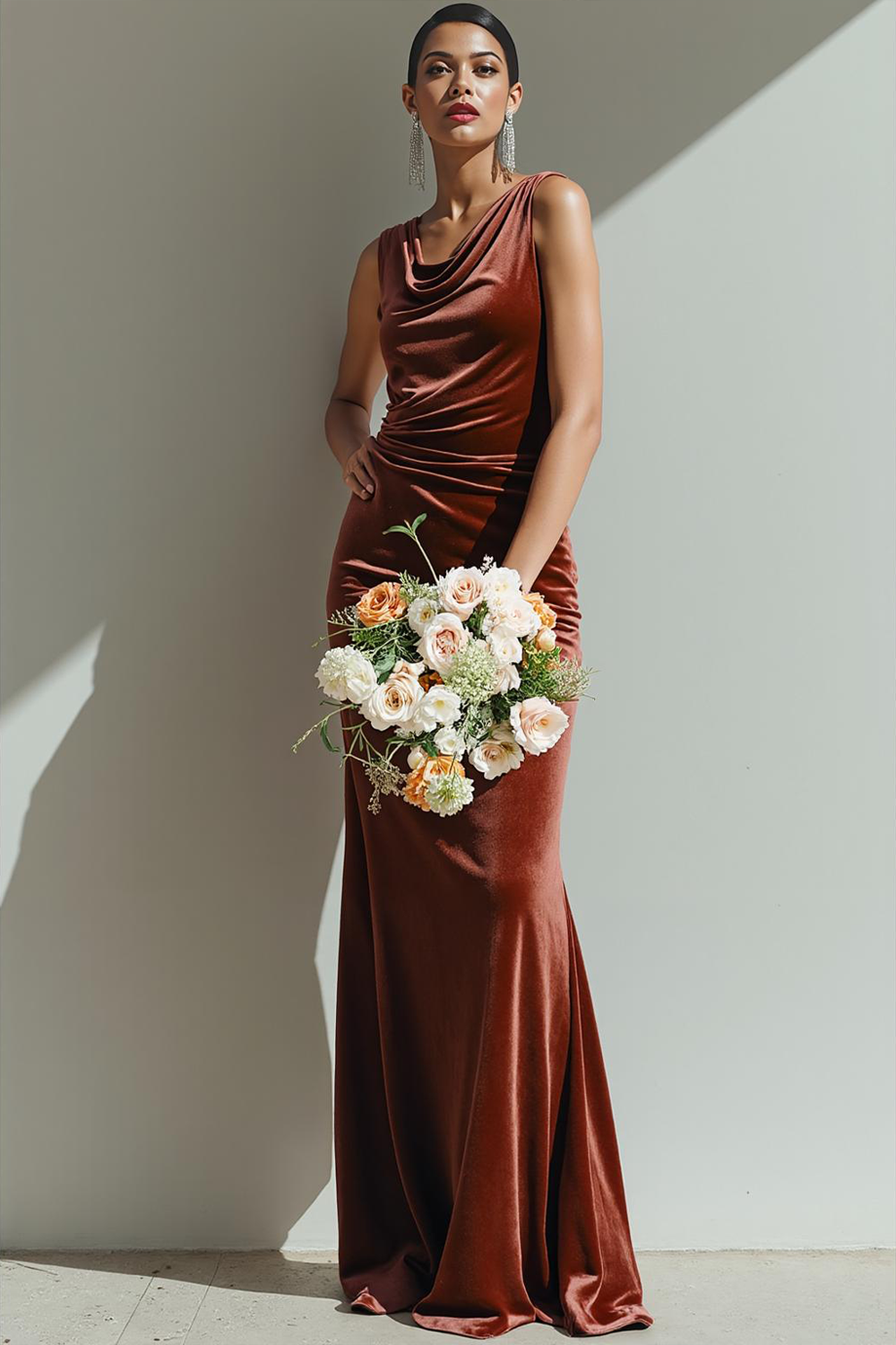 Brown Cowl Neck Velvet Long Formal Dress