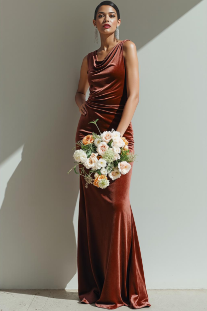 Leely Women Brown Velvet Long Formal Dress Cowl Neck Mermaid Holiday Party Dress