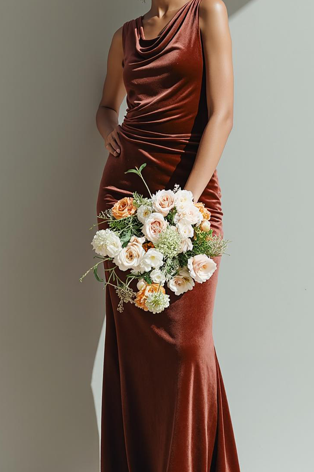 Brown Cowl Neck Velvet Long Formal Dress