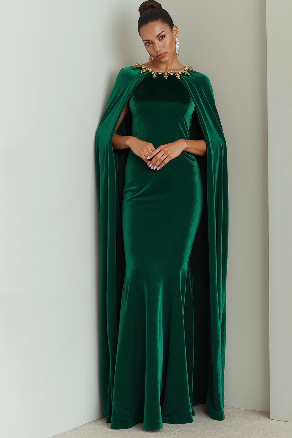 Dark Green Mermaid Velvet Maxi Formal Dress with Cape
