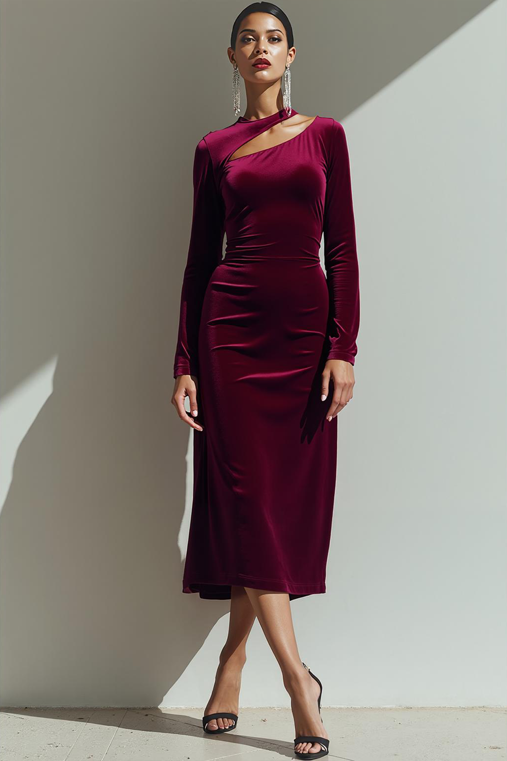 Cabernet Sheath Midi Asymmetrical Neck Holiday Party Dress with Sleeves