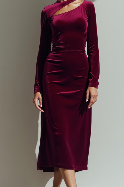 Cabernet Sheath Midi Asymmetrical Neck Holiday Party Dress with Sleeves