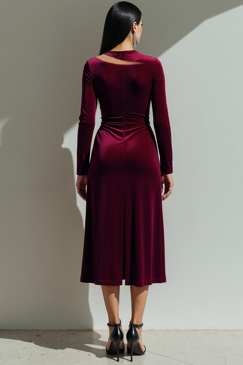 Cabernet Sheath Midi Asymmetrical Neck Holiday Party Dress with Sleeves