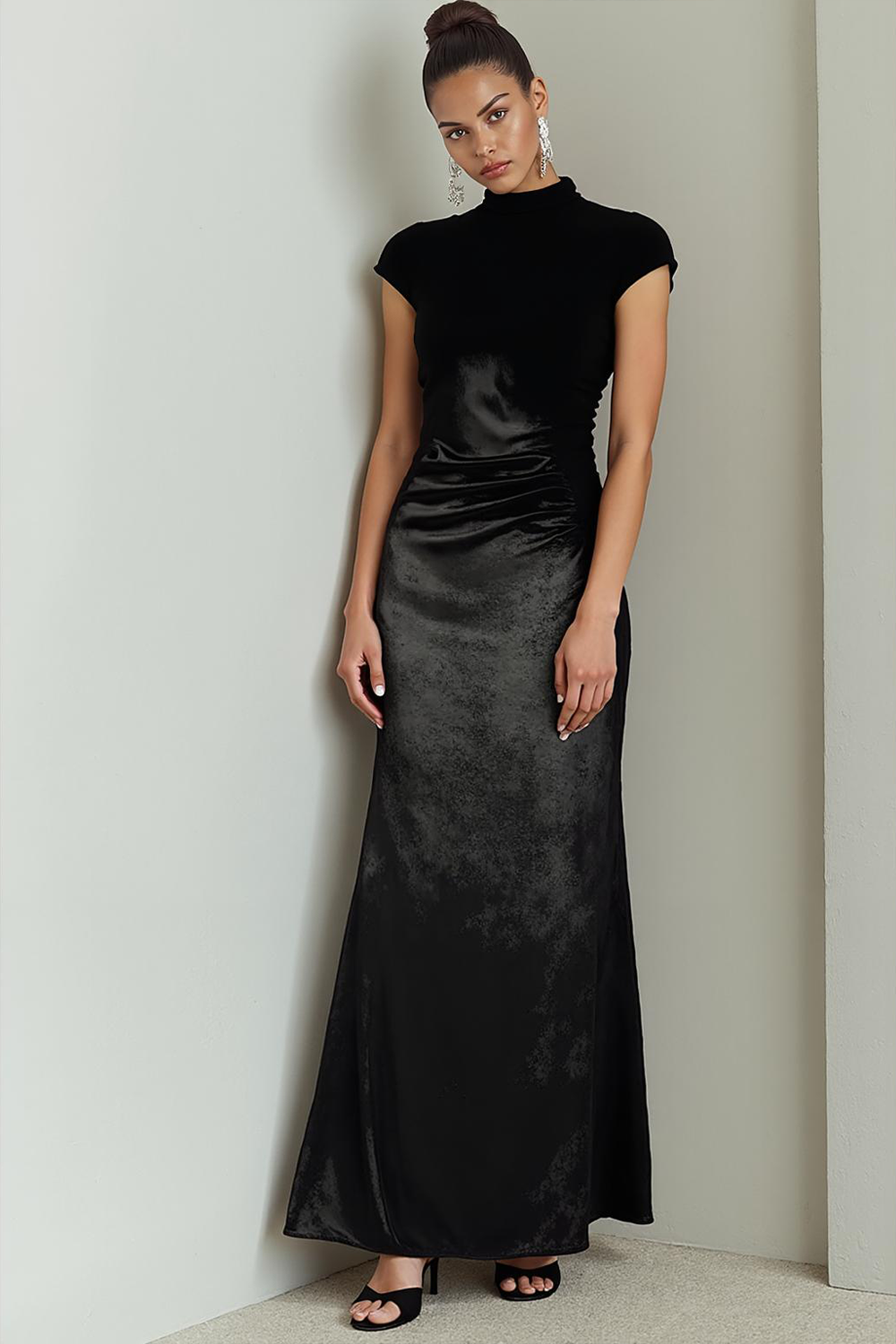 Leely Women Black Mermaid Velvet Formal Dress High Neck Long Black Tie Dress