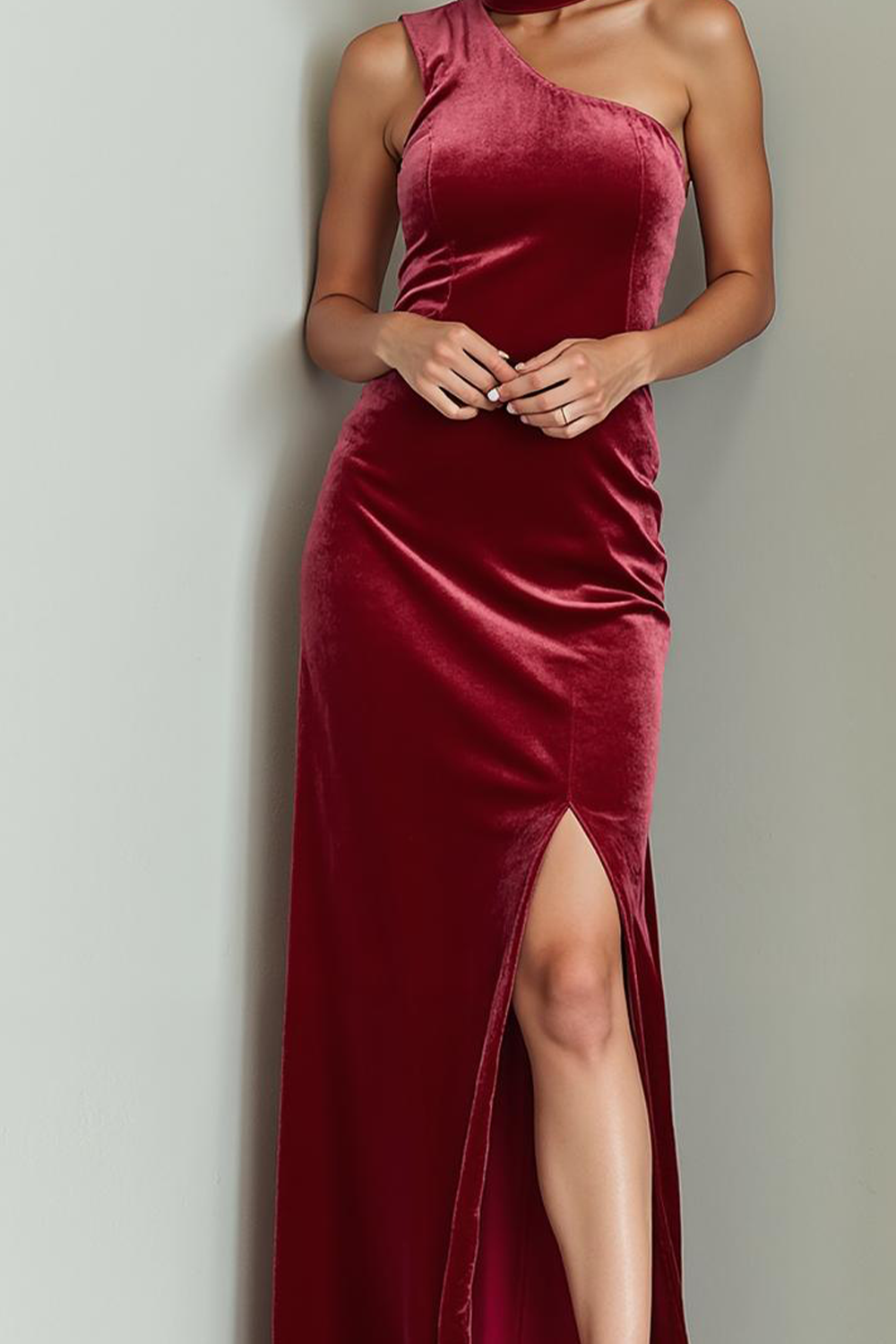 Cabernet Maxi Asymmetrical Neck Holiday Party Dress with Slit